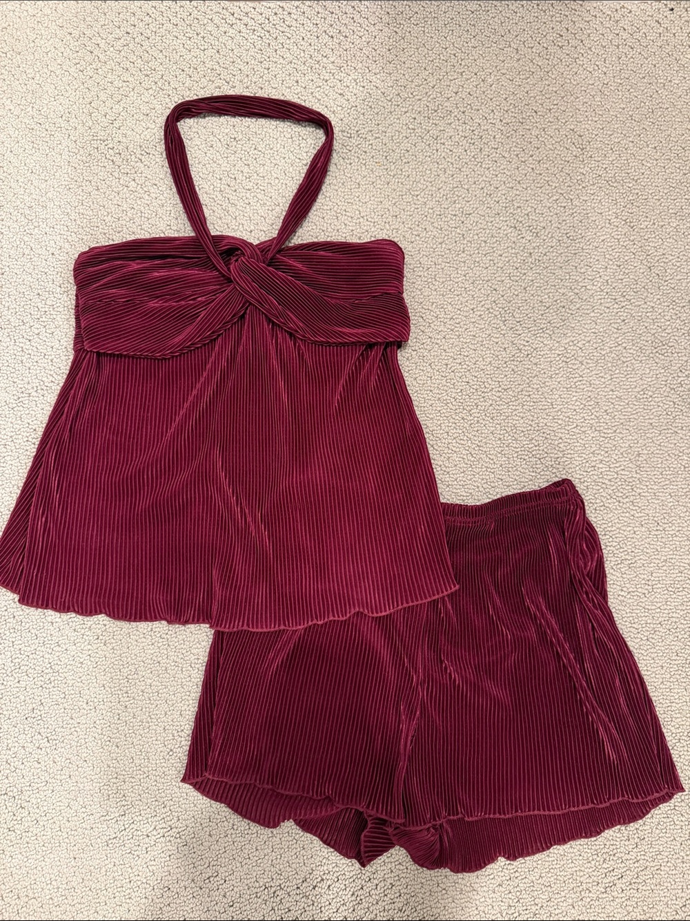 SHEIN Wine Red Halter Knotted Cami & Shorts Pajama Set
